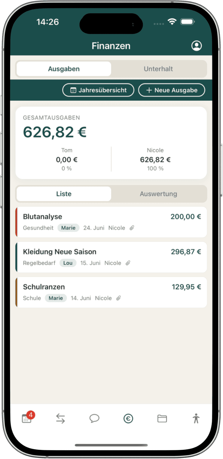 Ausgabenliste für Kinderkosten und Unterhalt in der Coping App