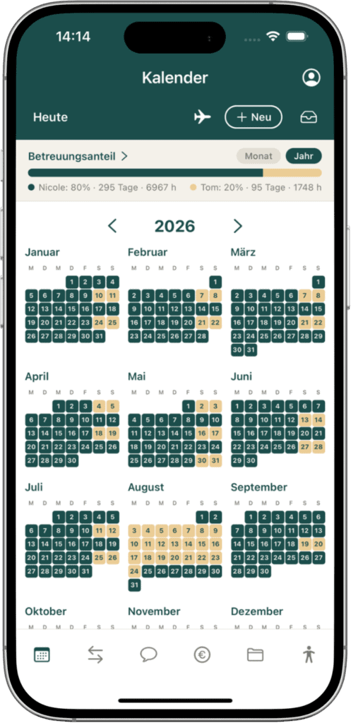 Gemeinsamer Kalender in der Coping App mit Betreuungszeiten im Wechselmodell