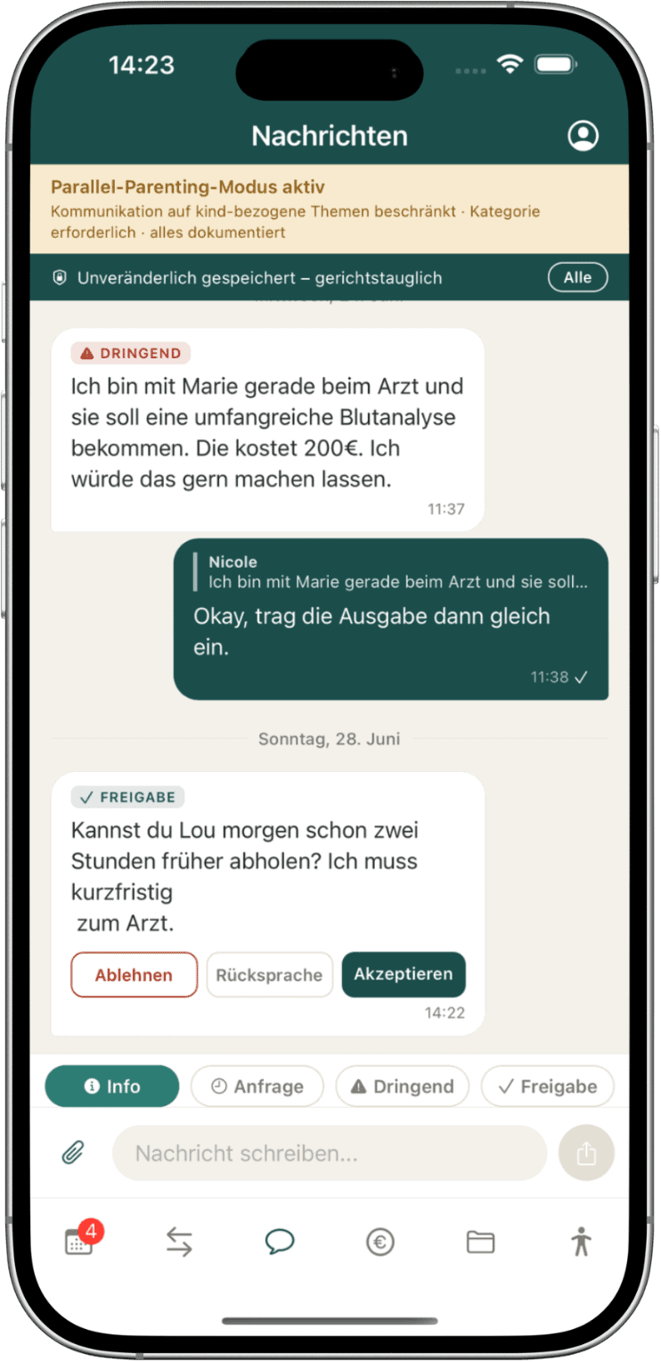 Nachrichtenfunktion der Coping App für Absprachen zwischen getrennten Eltern