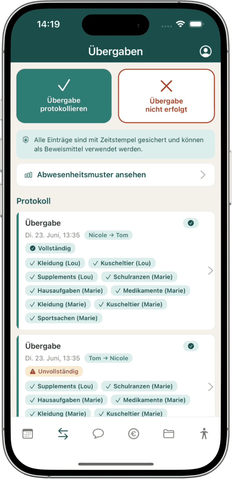 Dokumentiertes Übergabe-Protokoll in der Coping App